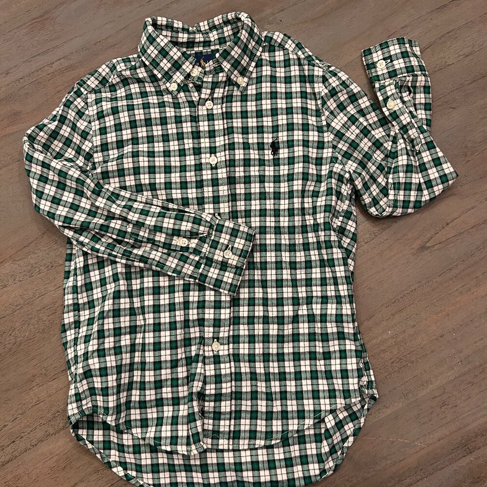 Boys button down Polo green plaid size 5